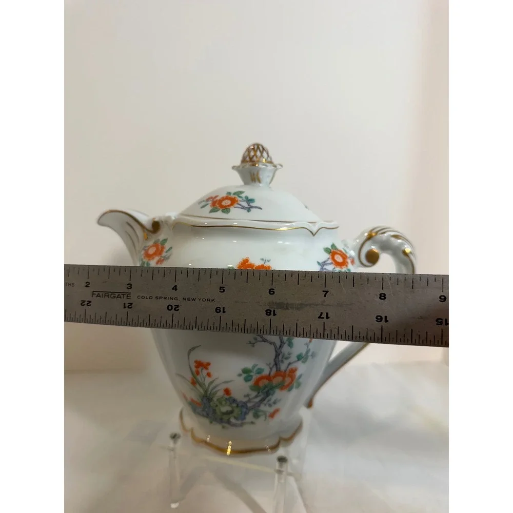 Royale Limoges France Orange-Tree Porcelain Teapot Towle Floral Gold Trim 8in